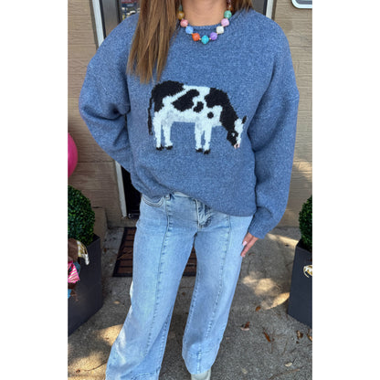 Hailey Cow Graphic Sweater, Blue Multi