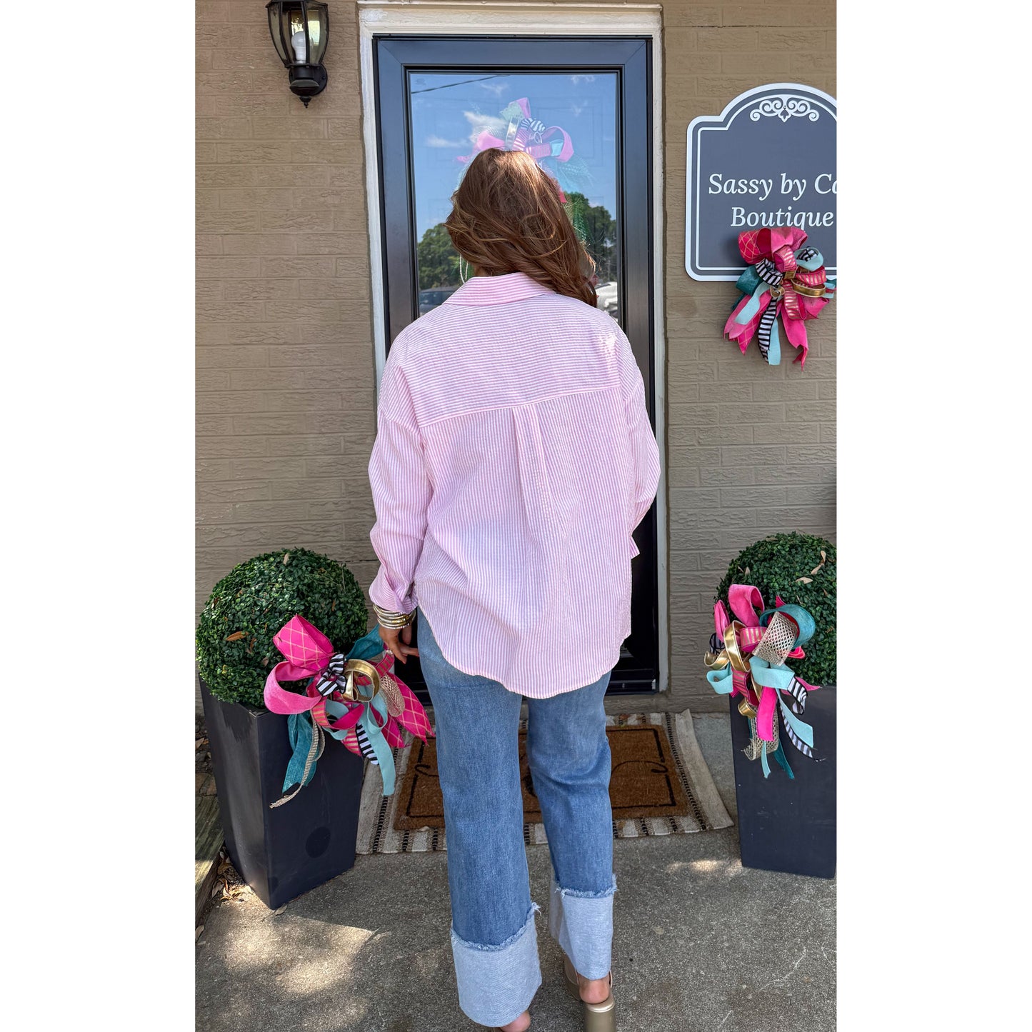 Stripe Button Down Top, Pink/White