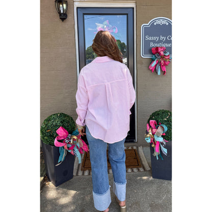 Stripe Button Down Top, Pink/White