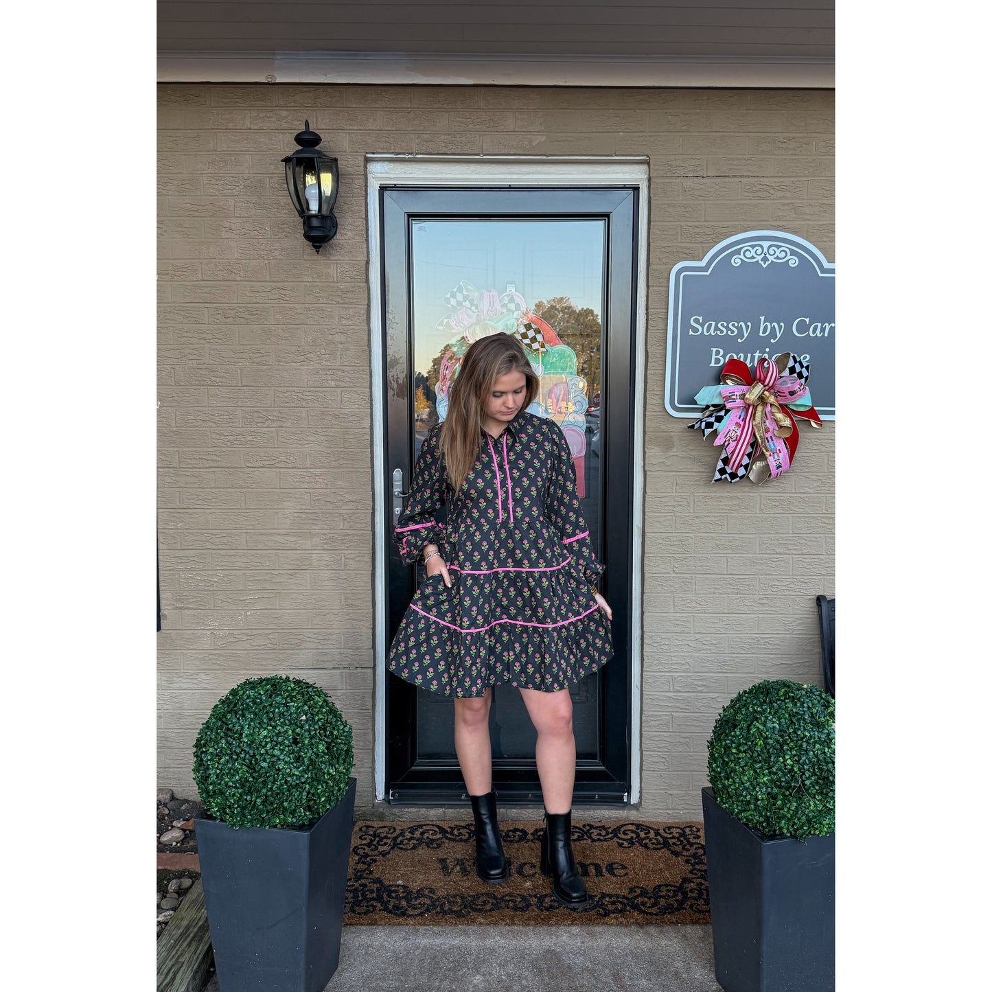 Evie Pattern Mini Dress, Black Multi