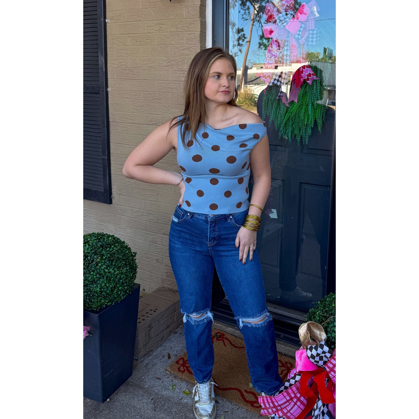 Polka Dot Asymmetrical Detail Top, Blue/Brown