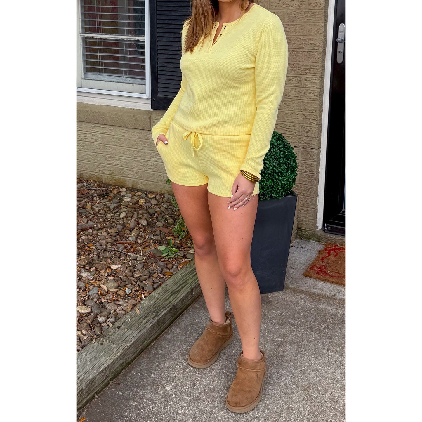 Butter Yellow Waffle Knit Lounge Set