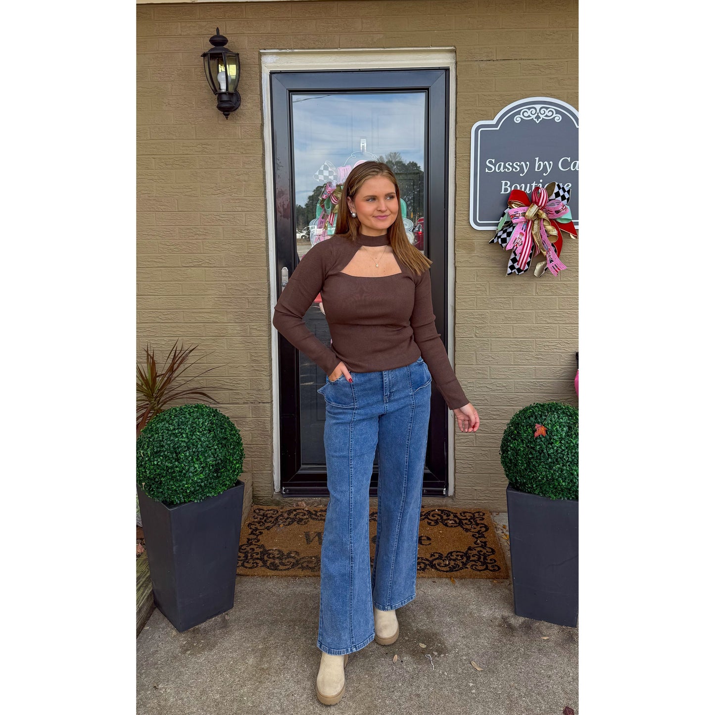 Mock Neck Cutout Top, Dark Brown