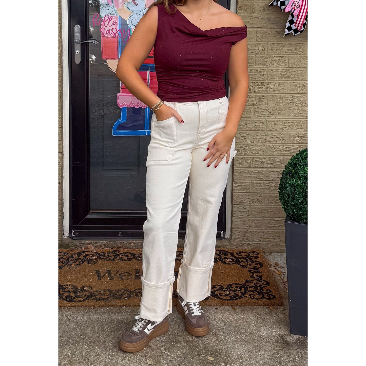 Millie Rhinestone Stud Top, Burgundy