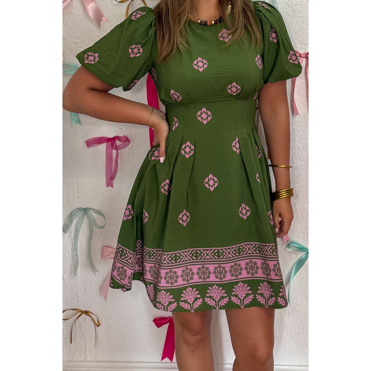 Harlow Paisley Print Mini Dress, Green/Pink