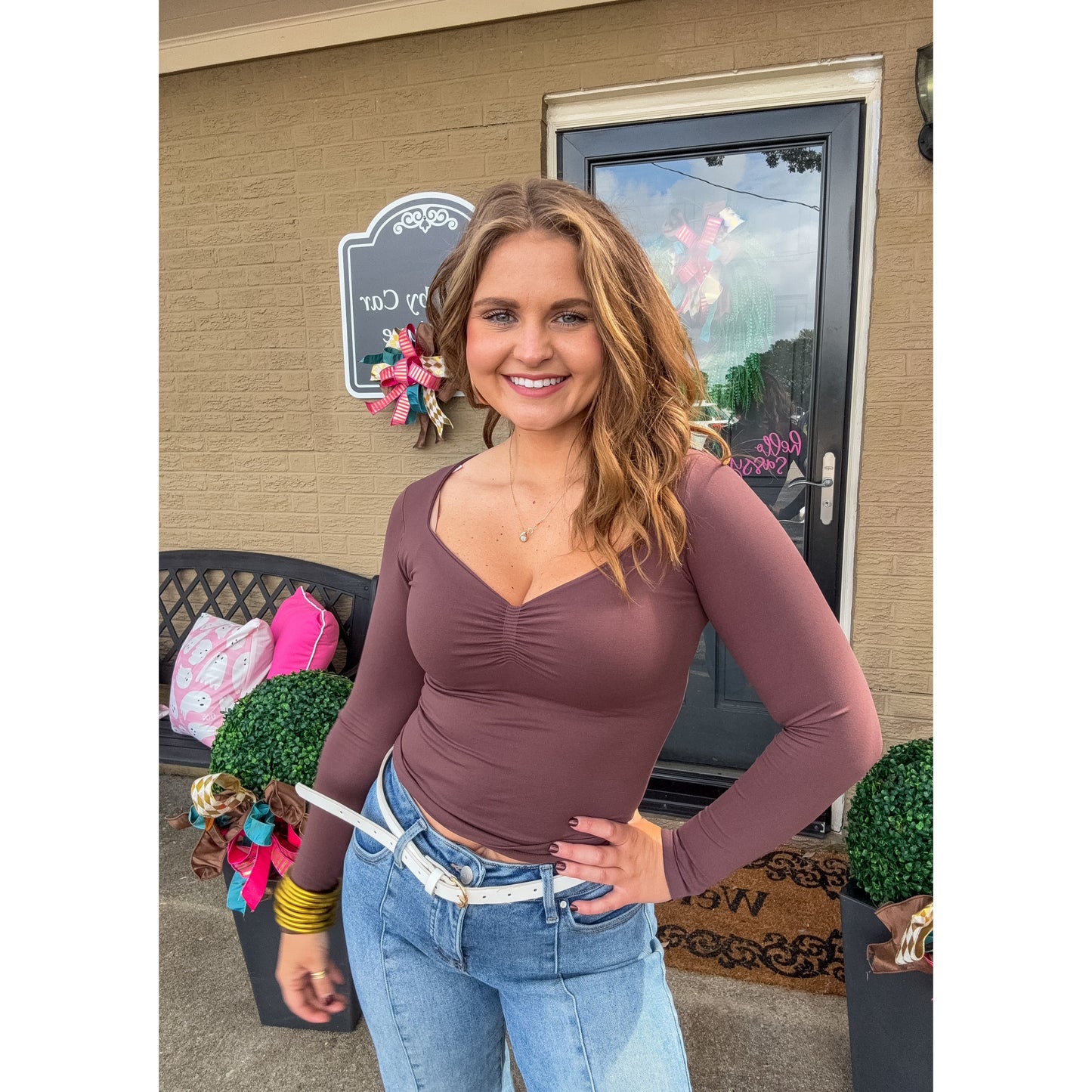 Clean Line Shirred LS Top, Mocha