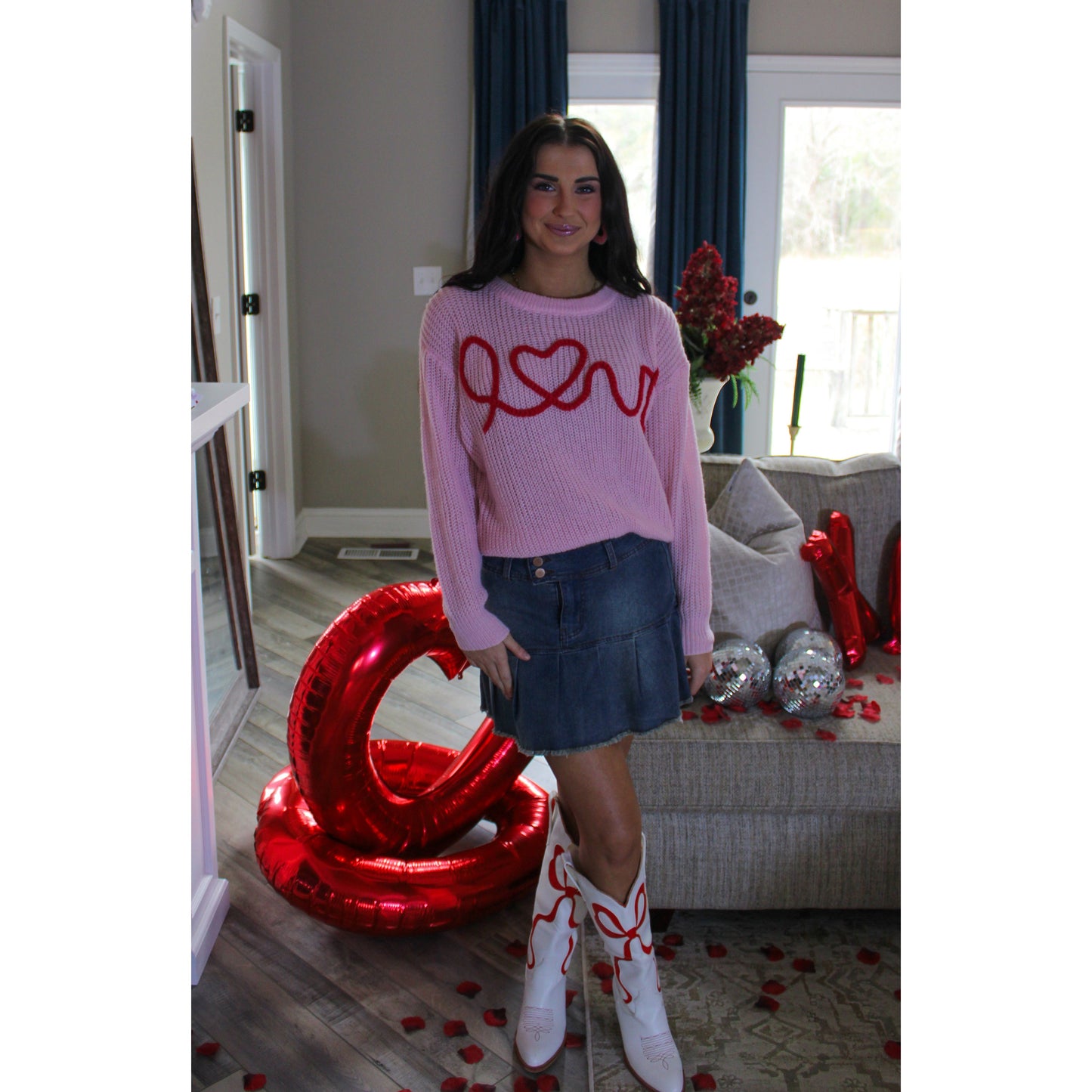 This Means Love Sweater, Baby Pink/Red