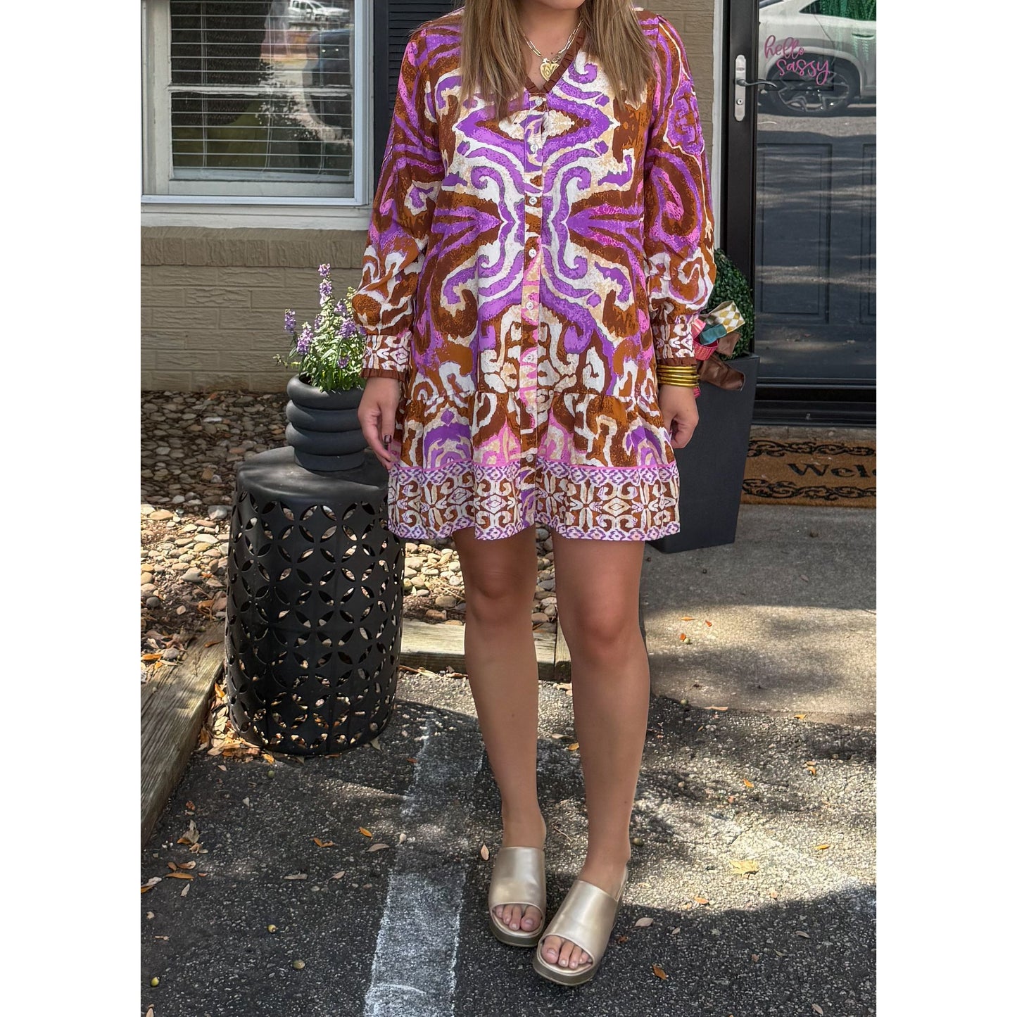 Catherine Pattern Mini Dress, Purple Multi