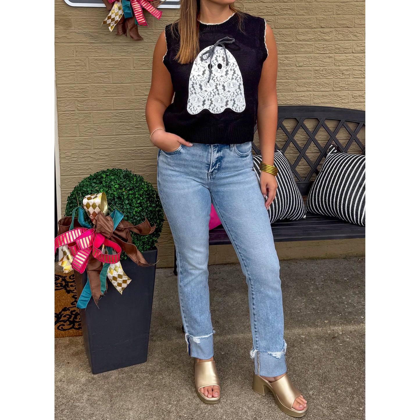 Boo Ghost Sweater Vest Top, Black/White