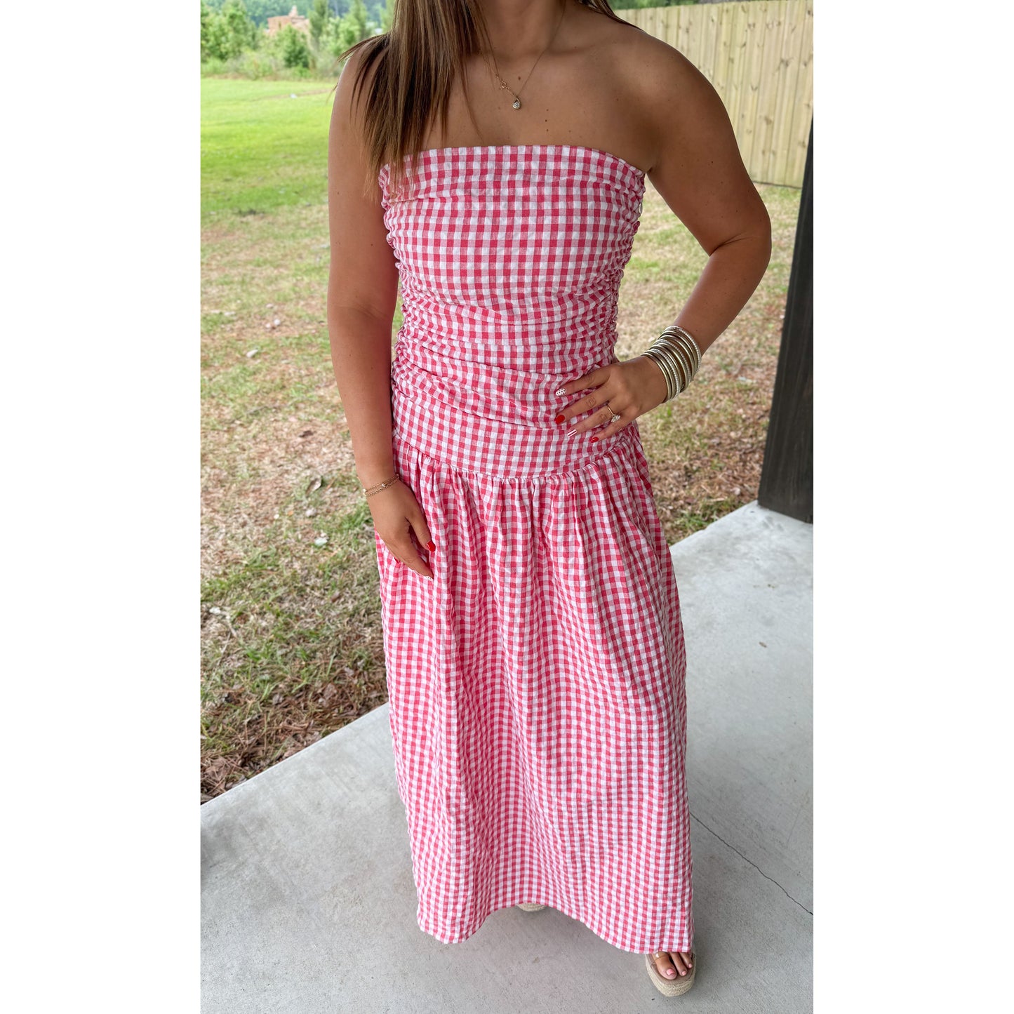 Strapless Gingham Maxi Dress, Red/White