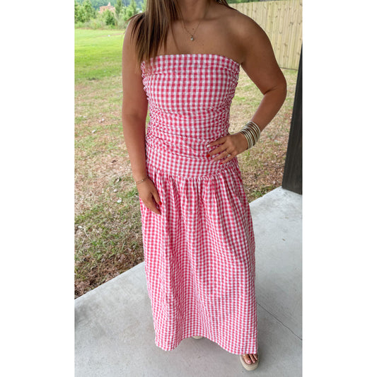 Strapless Gingham Maxi Dress, Red/White