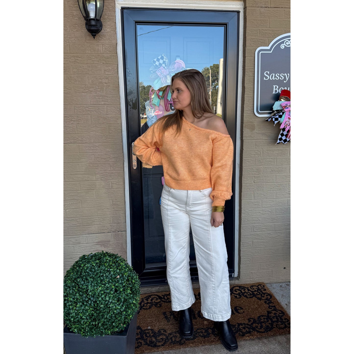 Noelle Asymmetrical Neckline Sweater, Light Orange