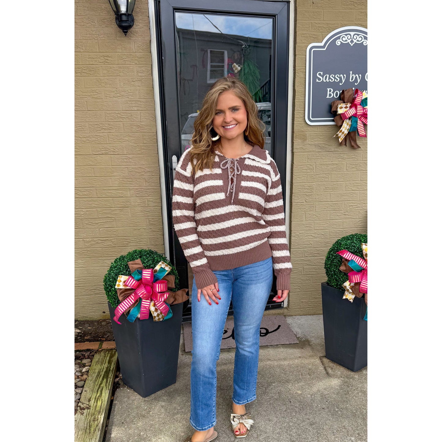 Dylan Stripe Sweater, Ivory/Mocha