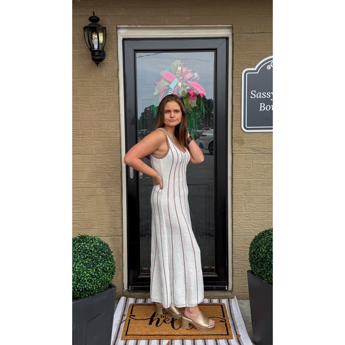 Blakely Knit Midi Dress, White/Taupe