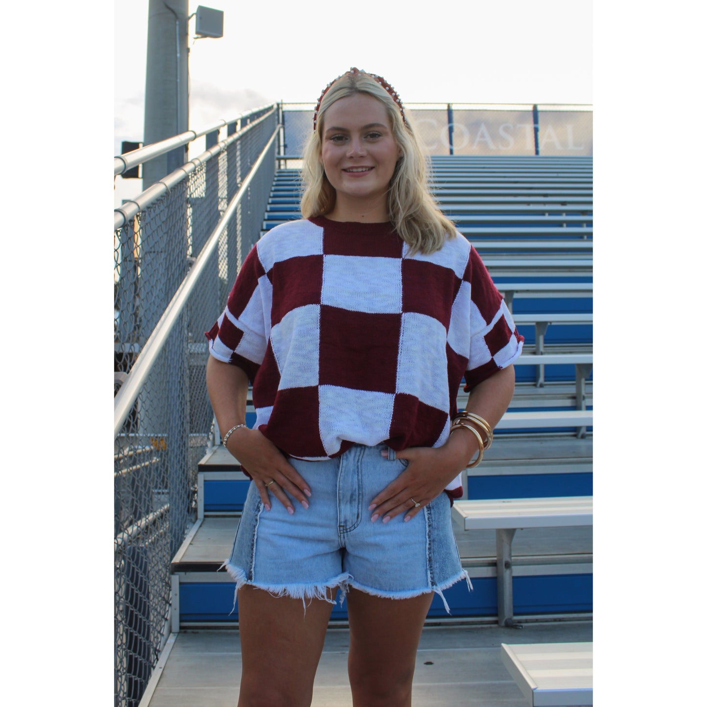 Goal Line Checkered Top, Garnet/White