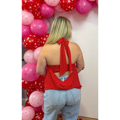 Polka Dot Detail Top, Cherry Red/White