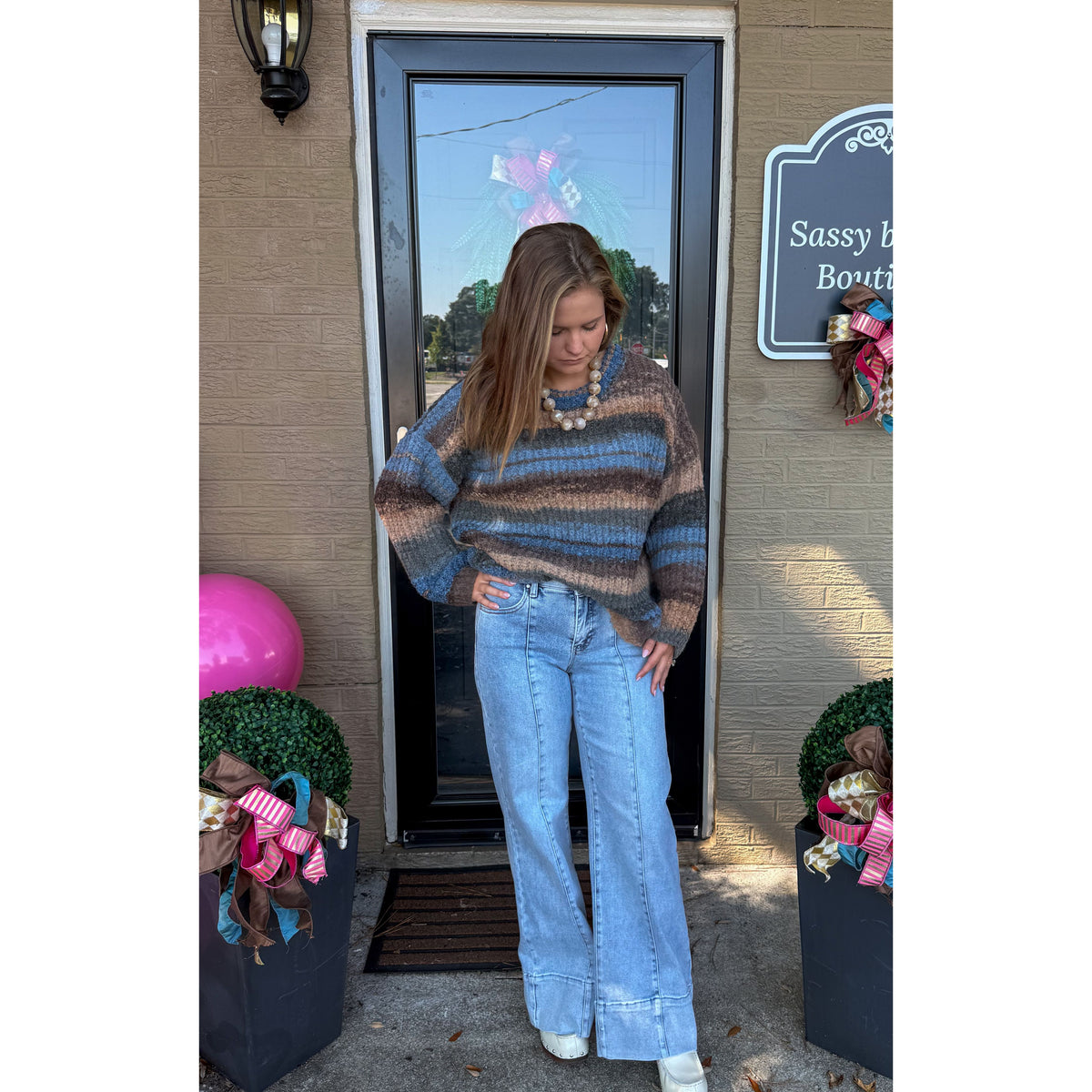 Greer Knit Sweater, Blue/Brown Multi