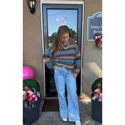 Greer Knit Sweater, Blue/Brown Multi
