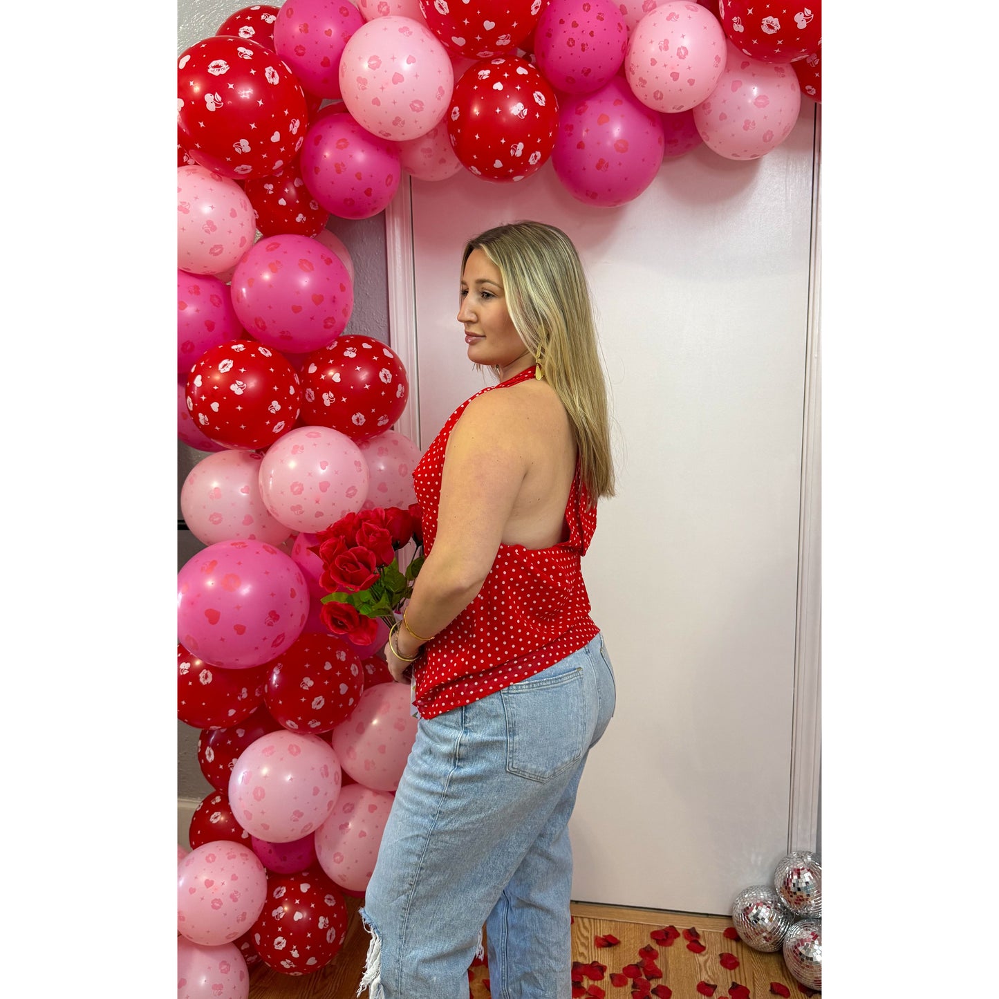 Polka Dot Detail Top, Cherry Red/White