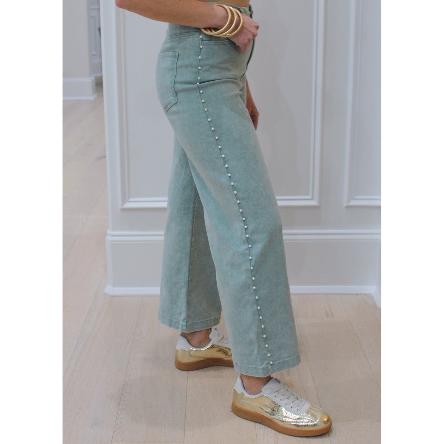 Sage Pearl Denim Pants, Sage Green