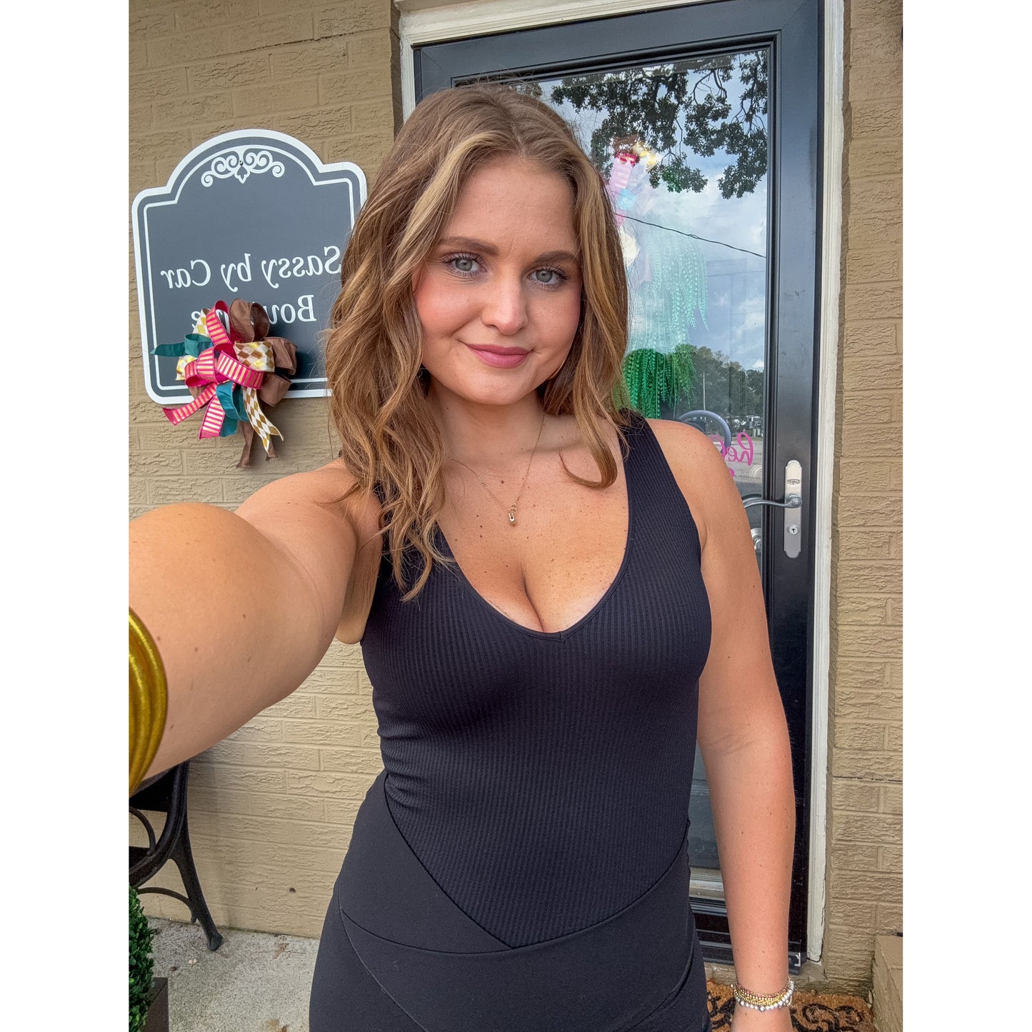 Ribbed V Neck Bodysuit, Black