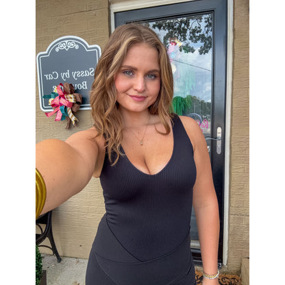 Ribbed V Neck Bodysuit, Black