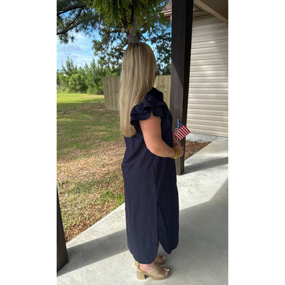 Navy Ruffle Collar Maxi Dress