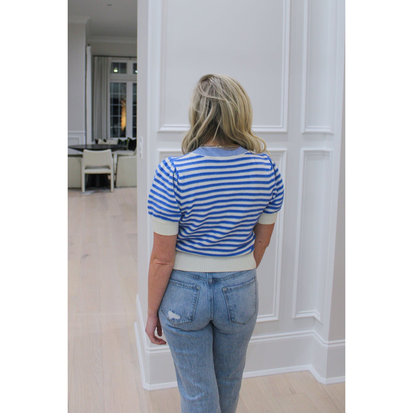 Phoebe Stripe Top, Blue/Cream