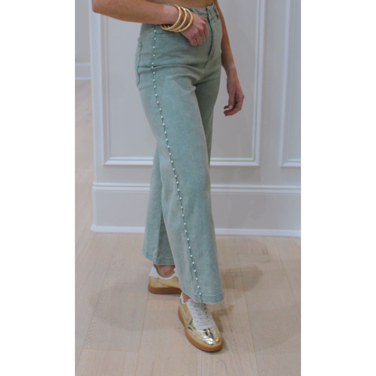 Sage Pearl Denim Pants, Sage Green