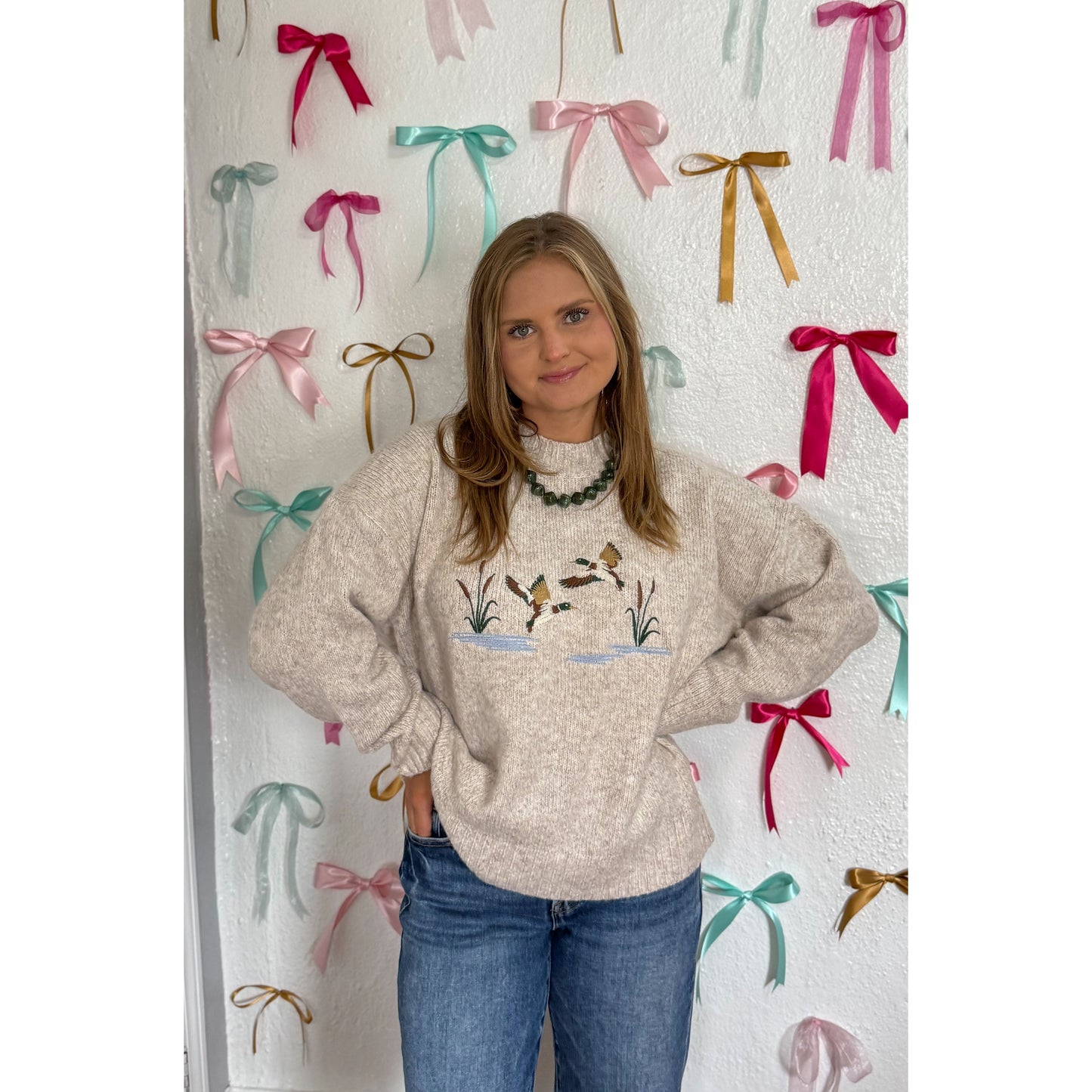 Duck Embroidered Sweater, Oatmeal