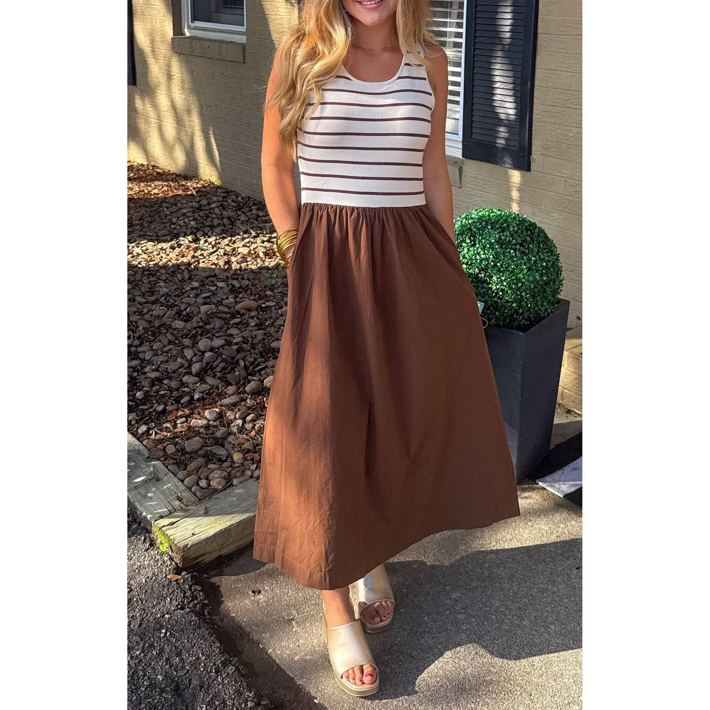 Brielle Detail Midi Dress, Brown/Ivory