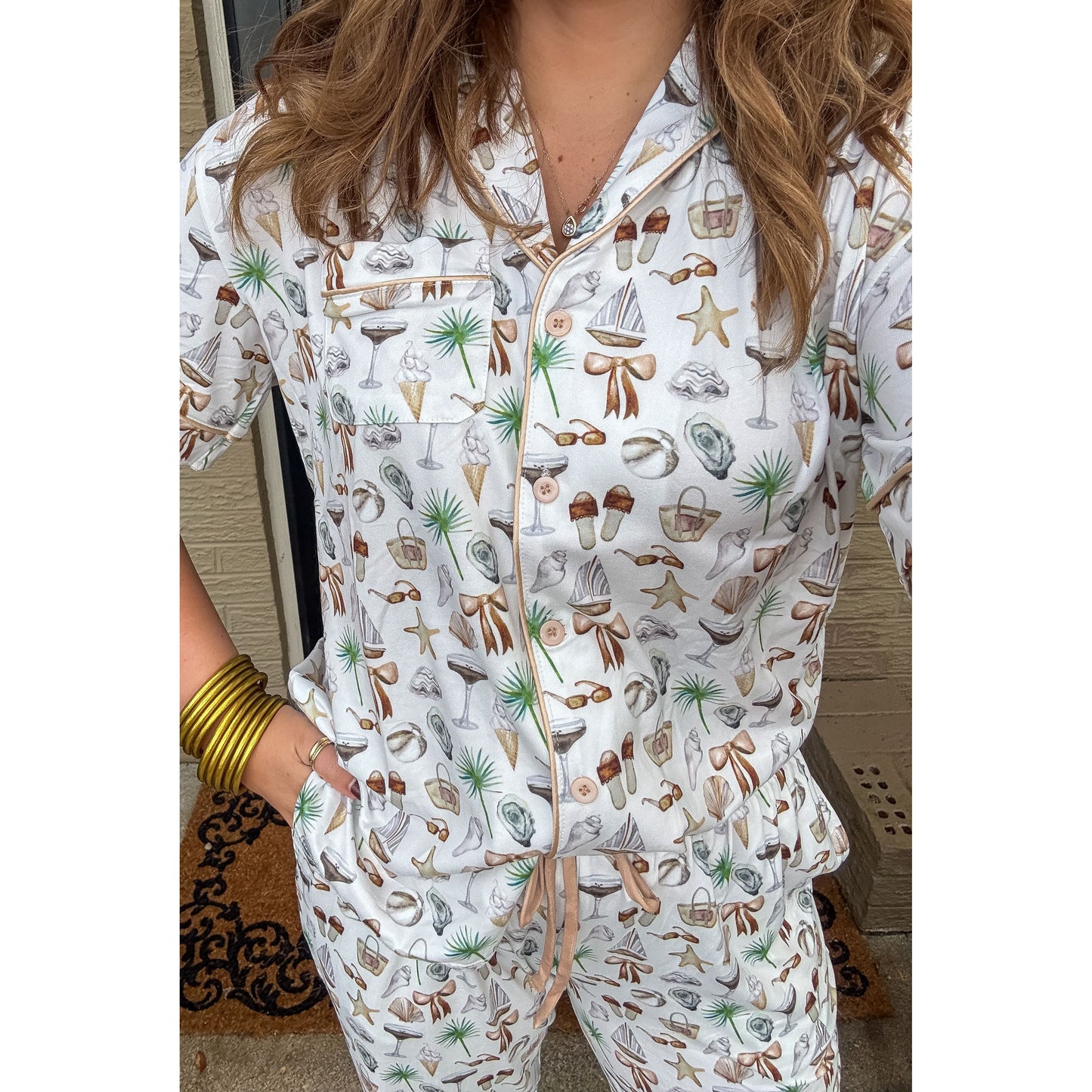 Neutral Coastal Cocktail - Short Sleeve + Pant Pajama Set