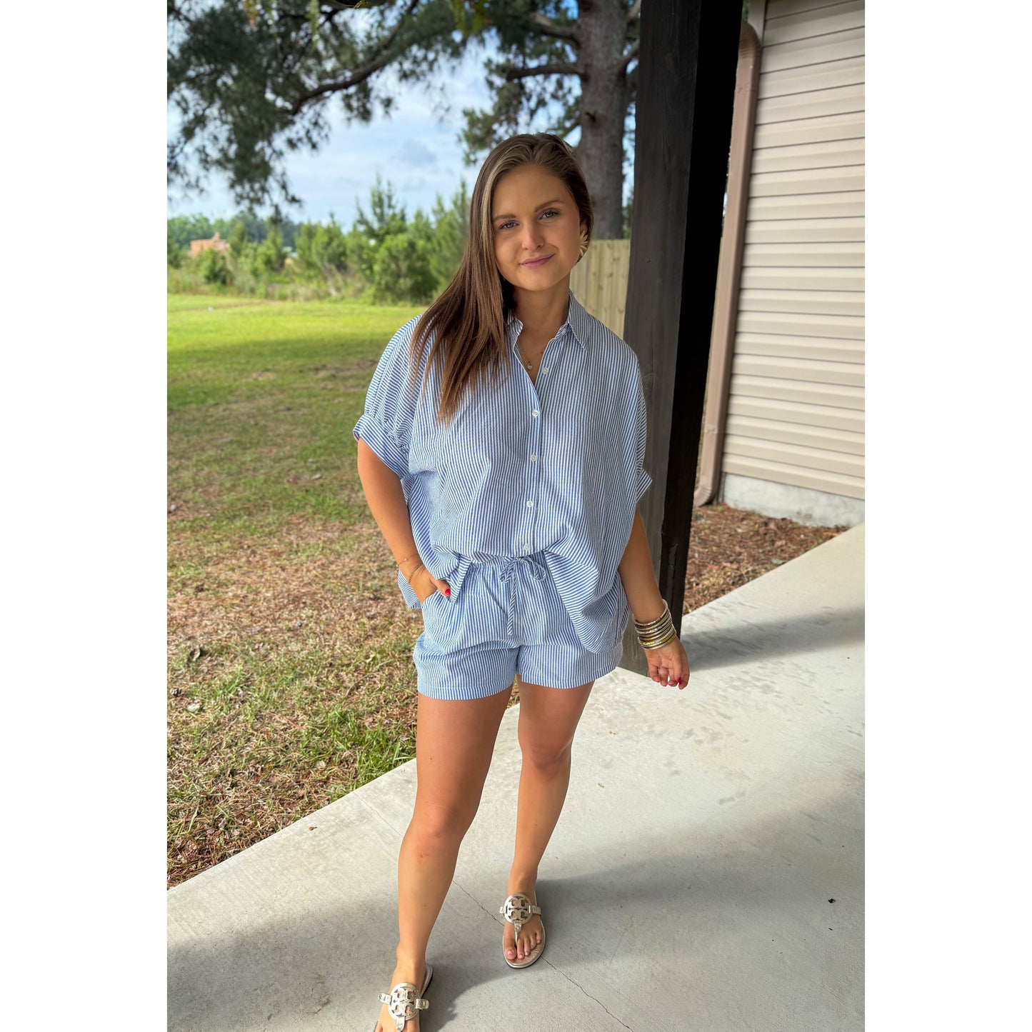 Seersucker Stripe Short Set, Blue/White