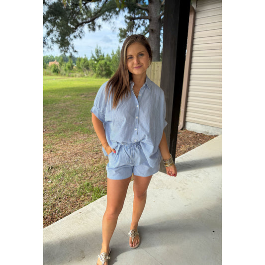 Seersucker Stripe Short Set, Blue/White