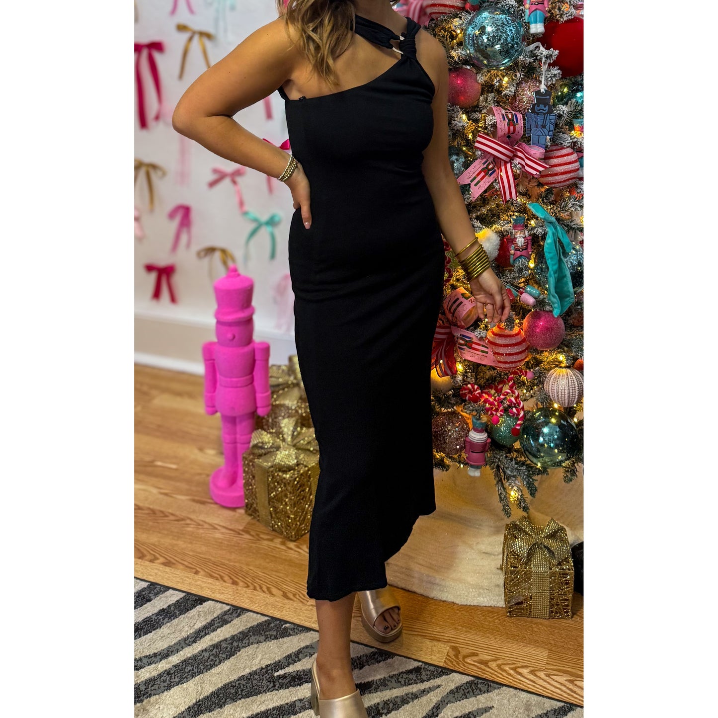 One Shoulder Black Midi Dress