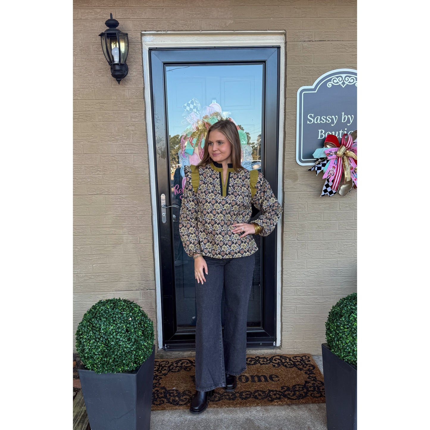 Chartreuse/Black Pattern Blouse