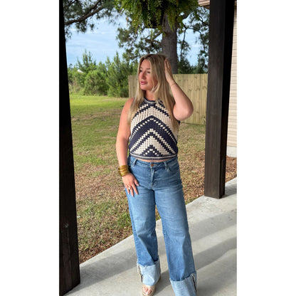 Crochet Crop Top, Navy/Ivory