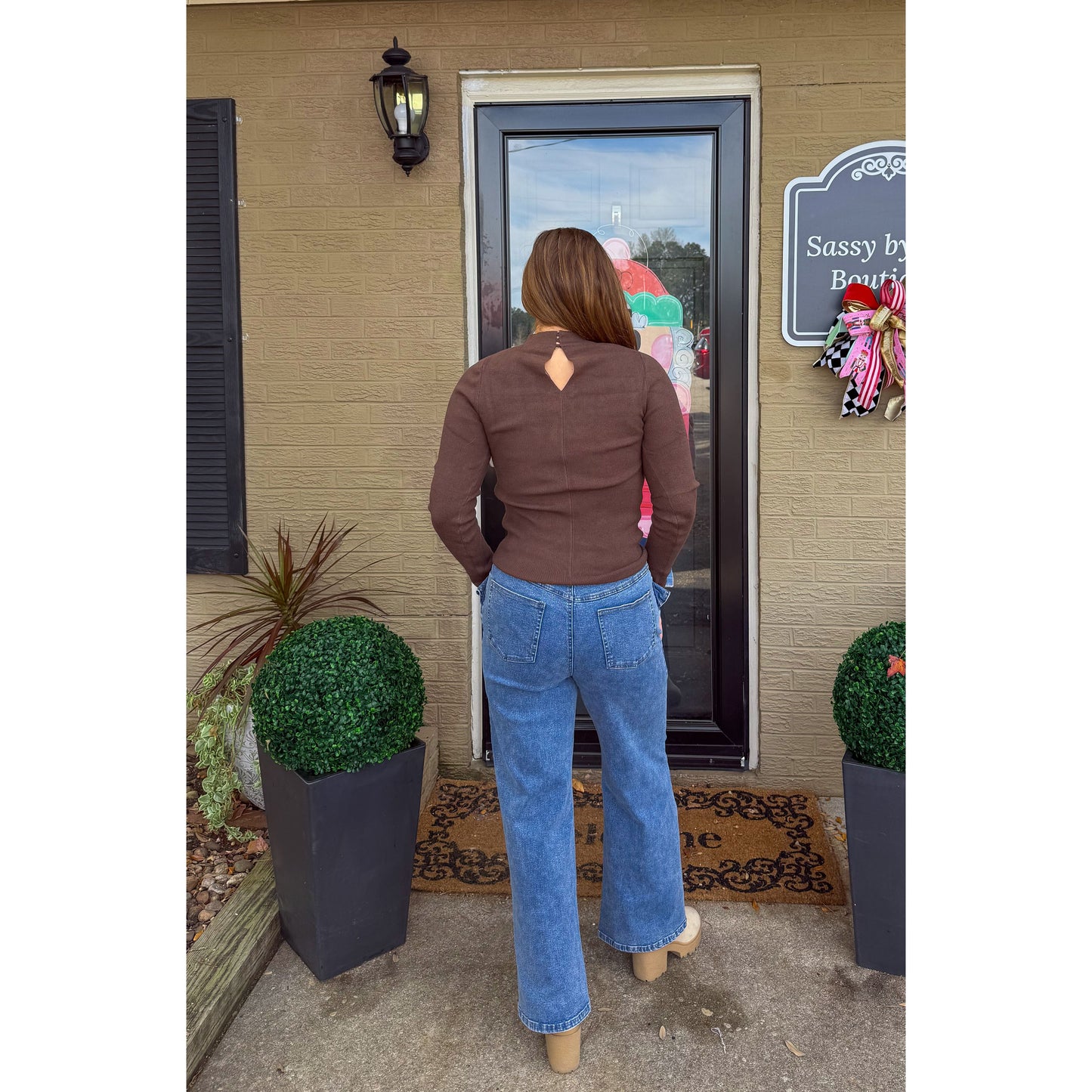 Mock Neck Cutout Top, Dark Brown