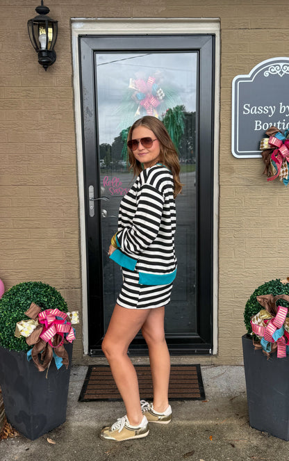 Henley Stripe Lounge Set, Black/Teal