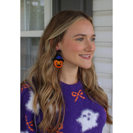 Jack-O-Lantern Beaded Earrings, Orange Multi