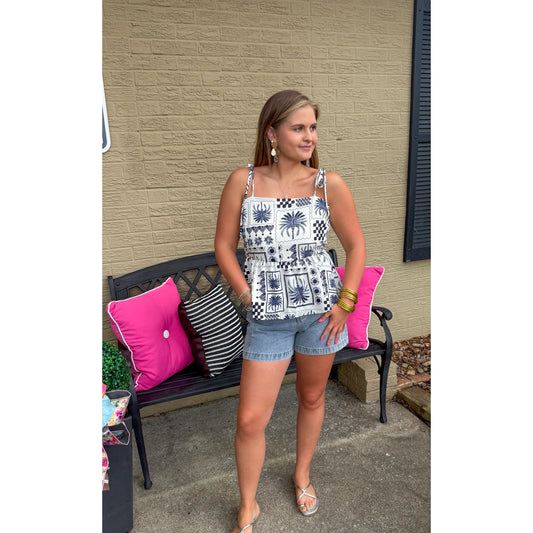 Abstract Print Top, Ivory/Navy