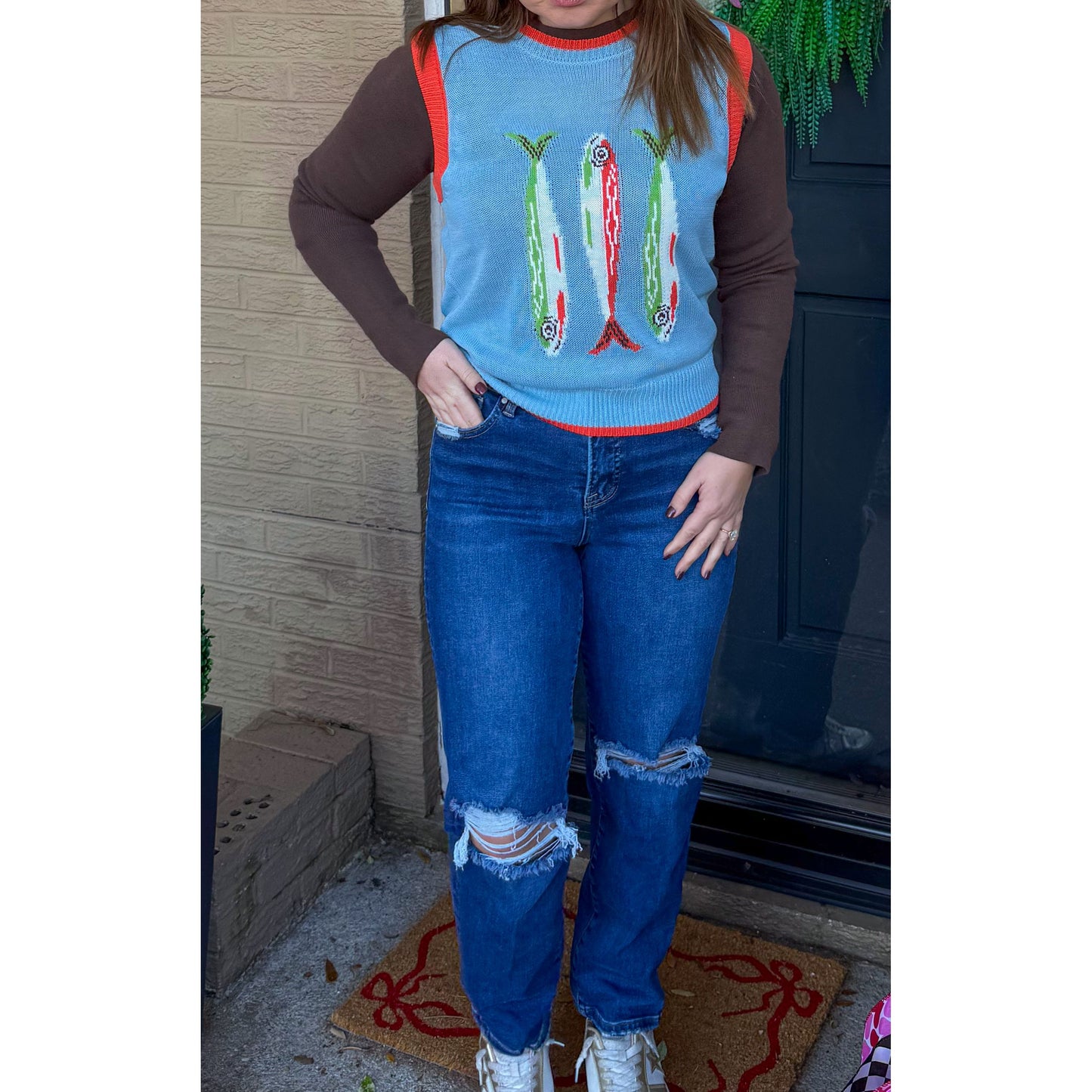 Fish Graphic Sweater Vest, Multi