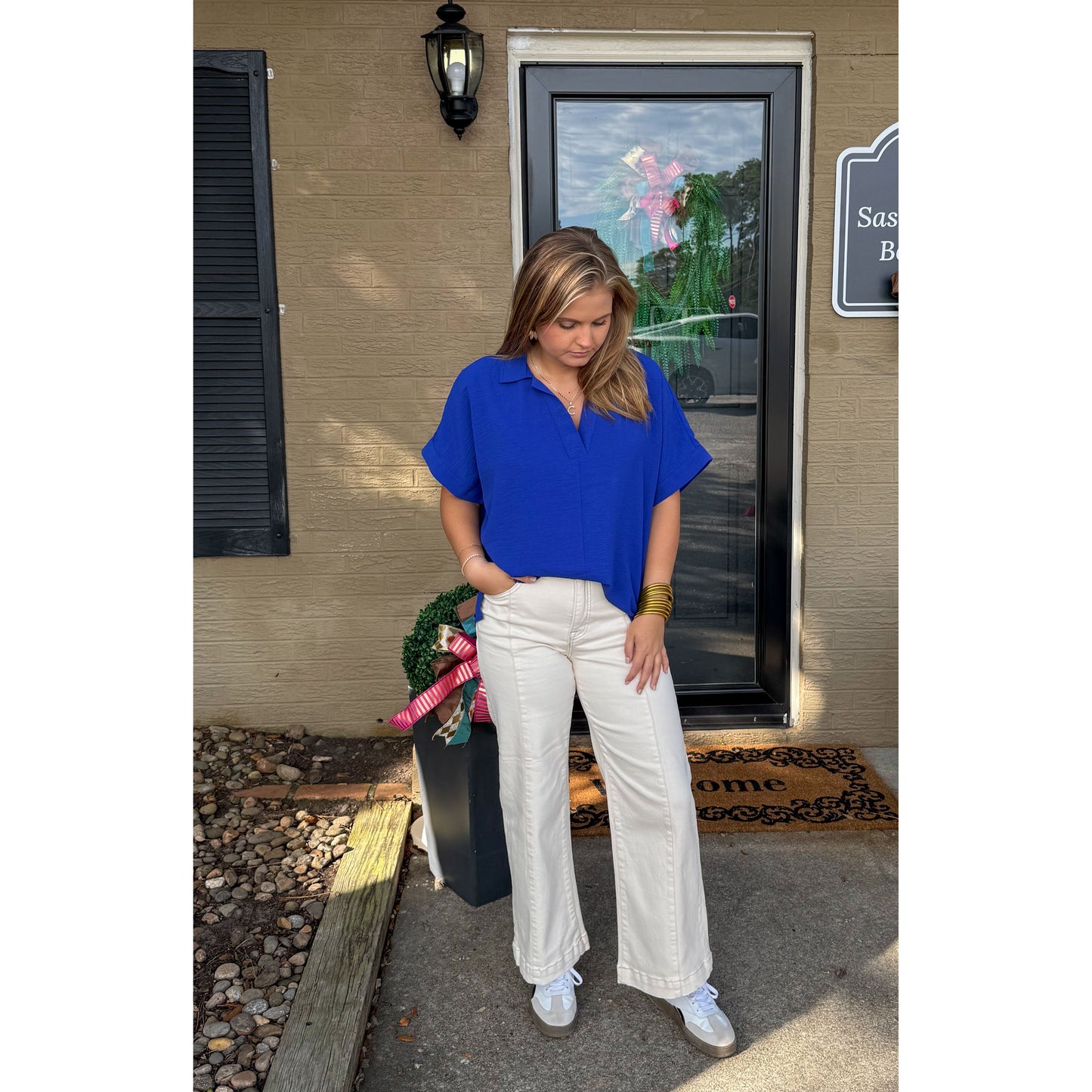 Julianna V-Neck/Collar Top, Royal Blue
