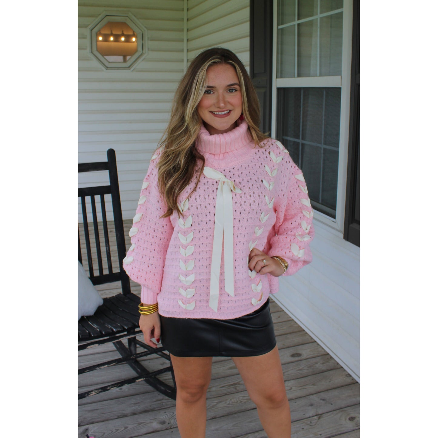 Sarah Bow Sweater, Pink/White