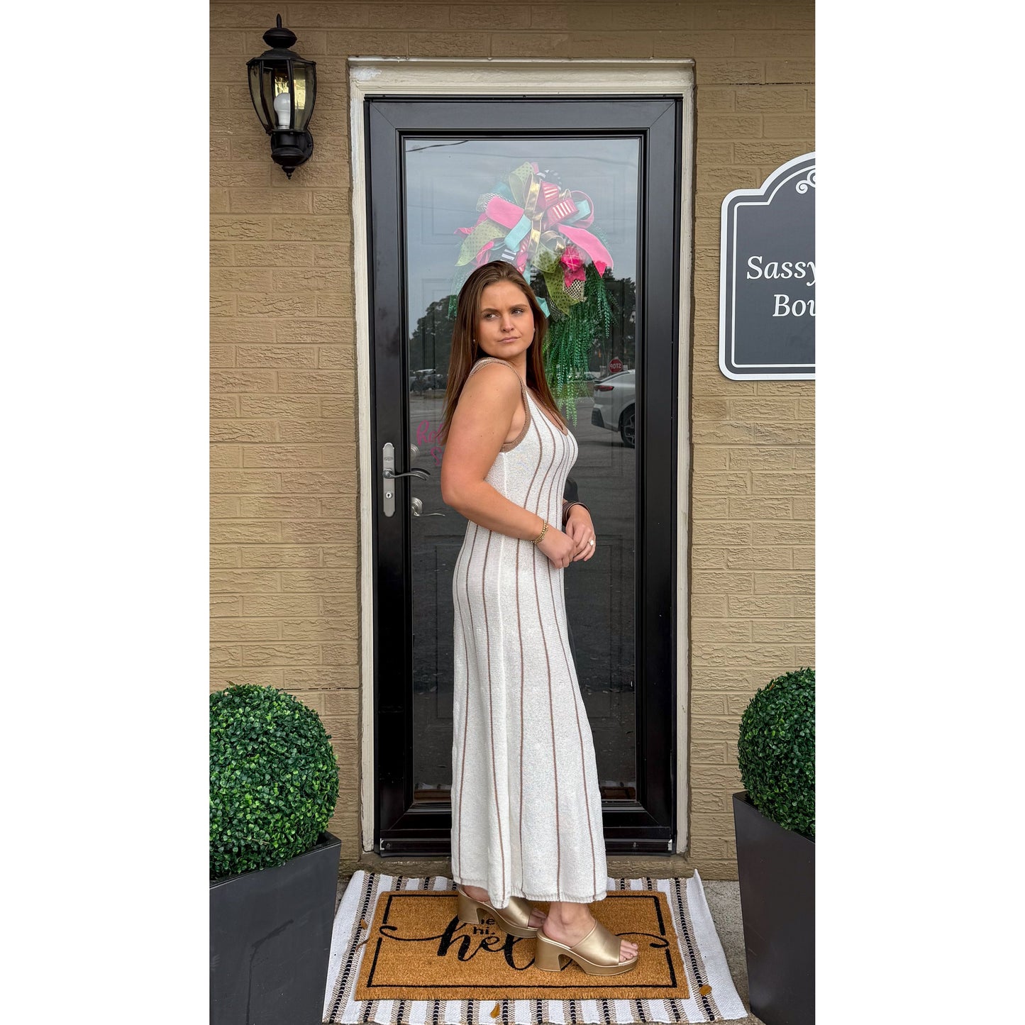 Blakely Knit Midi Dress, White/Taupe