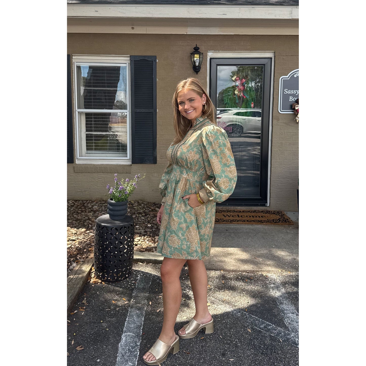 Jordyn Mini Dress, Gold/Sage Green