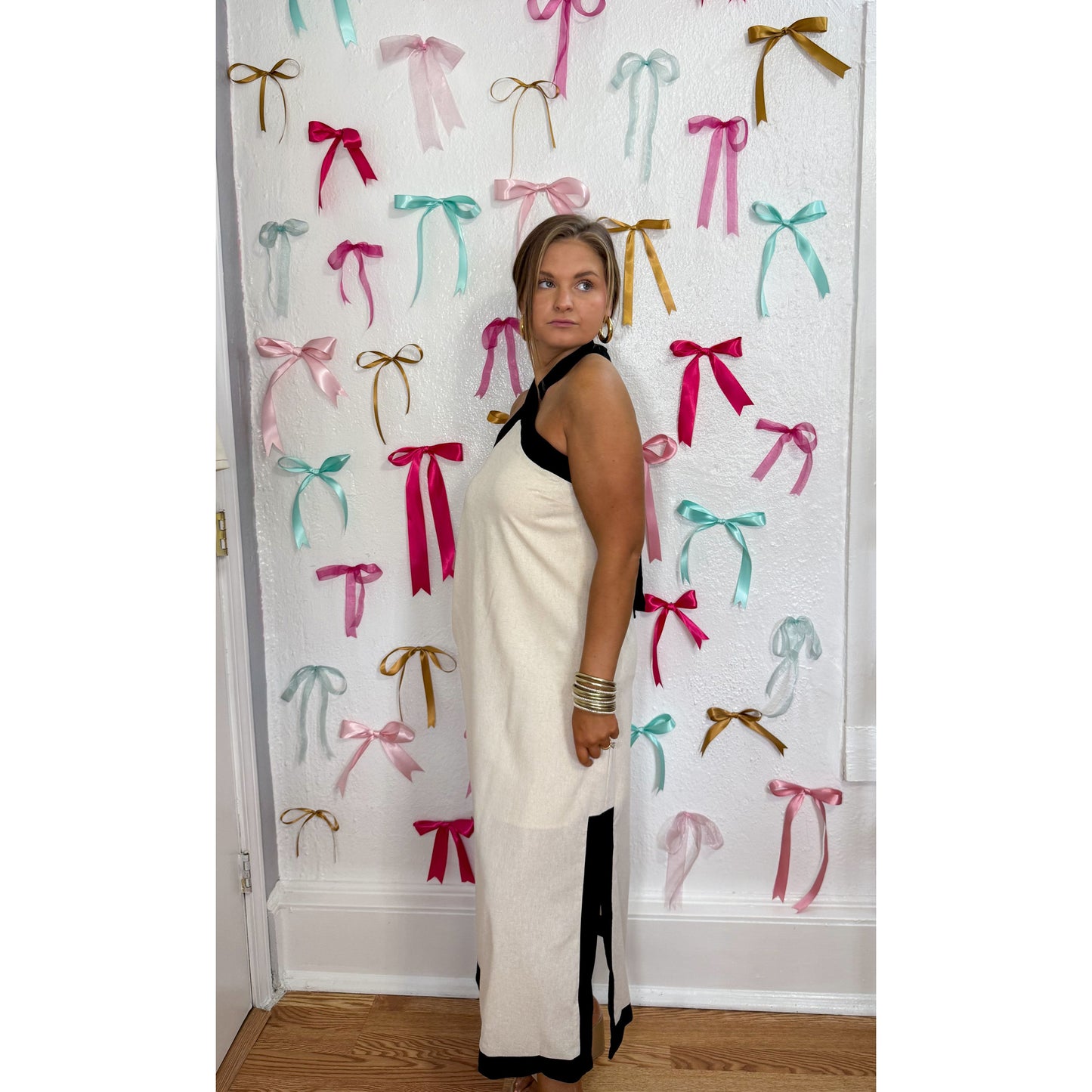 Cream/Black Linen Maxi Dress