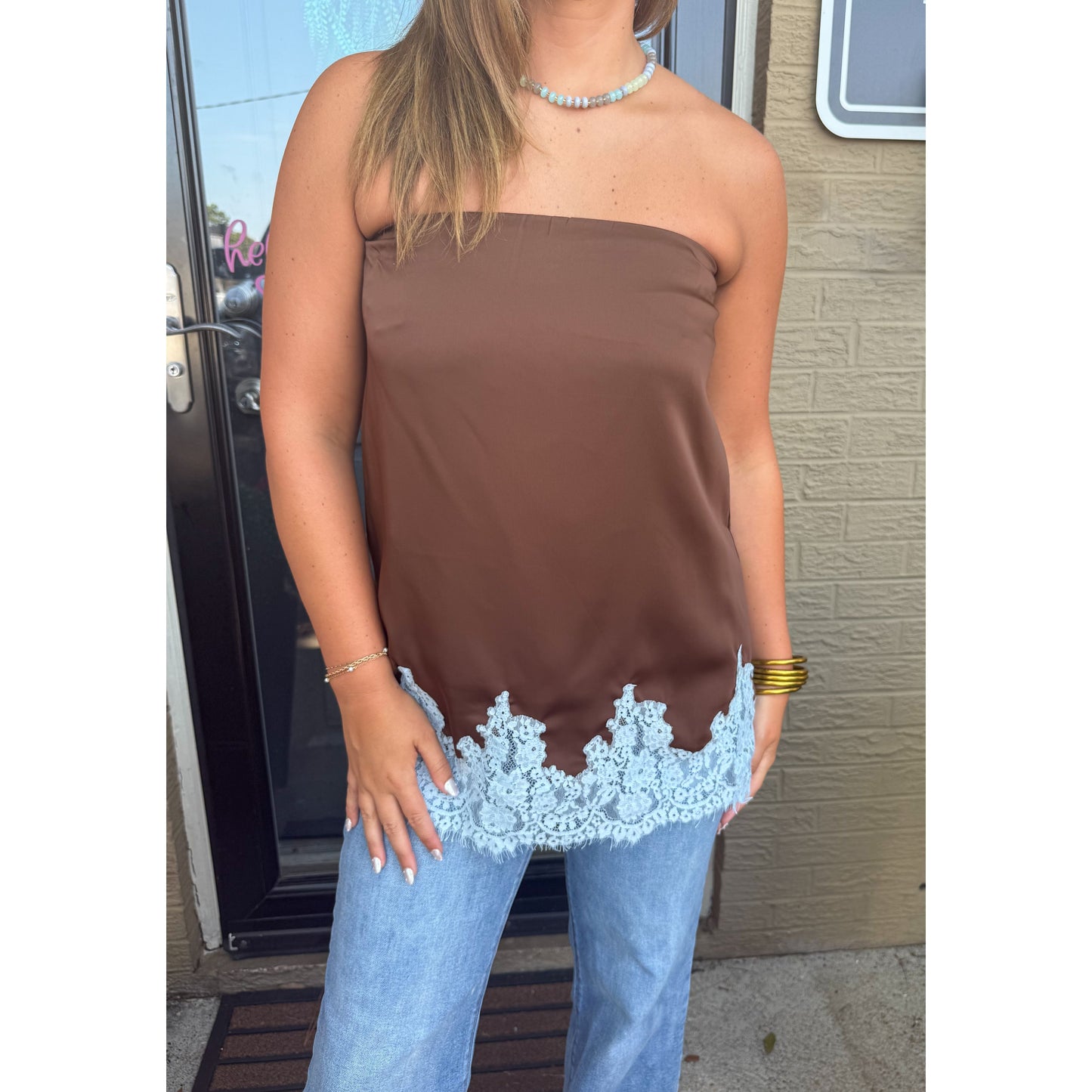 Ellison Lace Trim Top, Chocolate/Blue