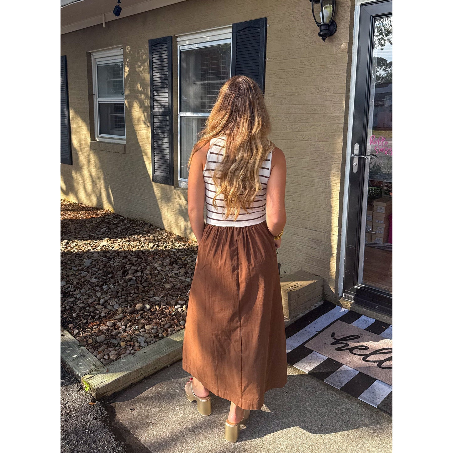 Brielle Detail Midi Dress, Brown/Ivory