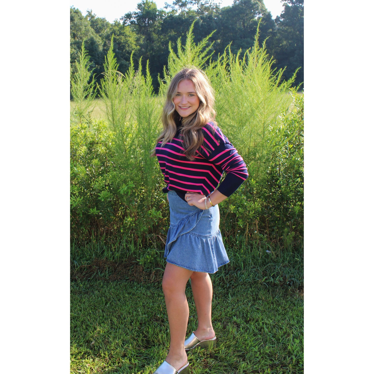 Khloe Stripe Top, Navy/Pink